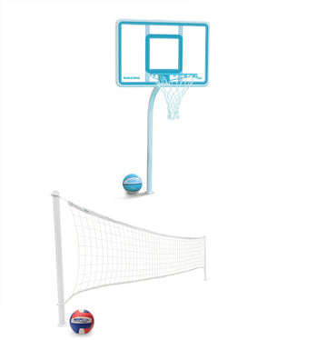 Dual poolside sports set featuring the Deck Shoot basketball hoop and DeckVolly net for volleyball, perfect for backyard pools