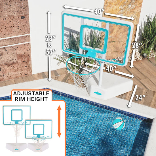 Adjustable pool basketball hoop beside modern patio and pool area, featuring sleek polycarbonate backboard