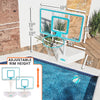 Adjustable pool basketball hoop beside modern patio and pool area, featuring sleek polycarbonate backboard