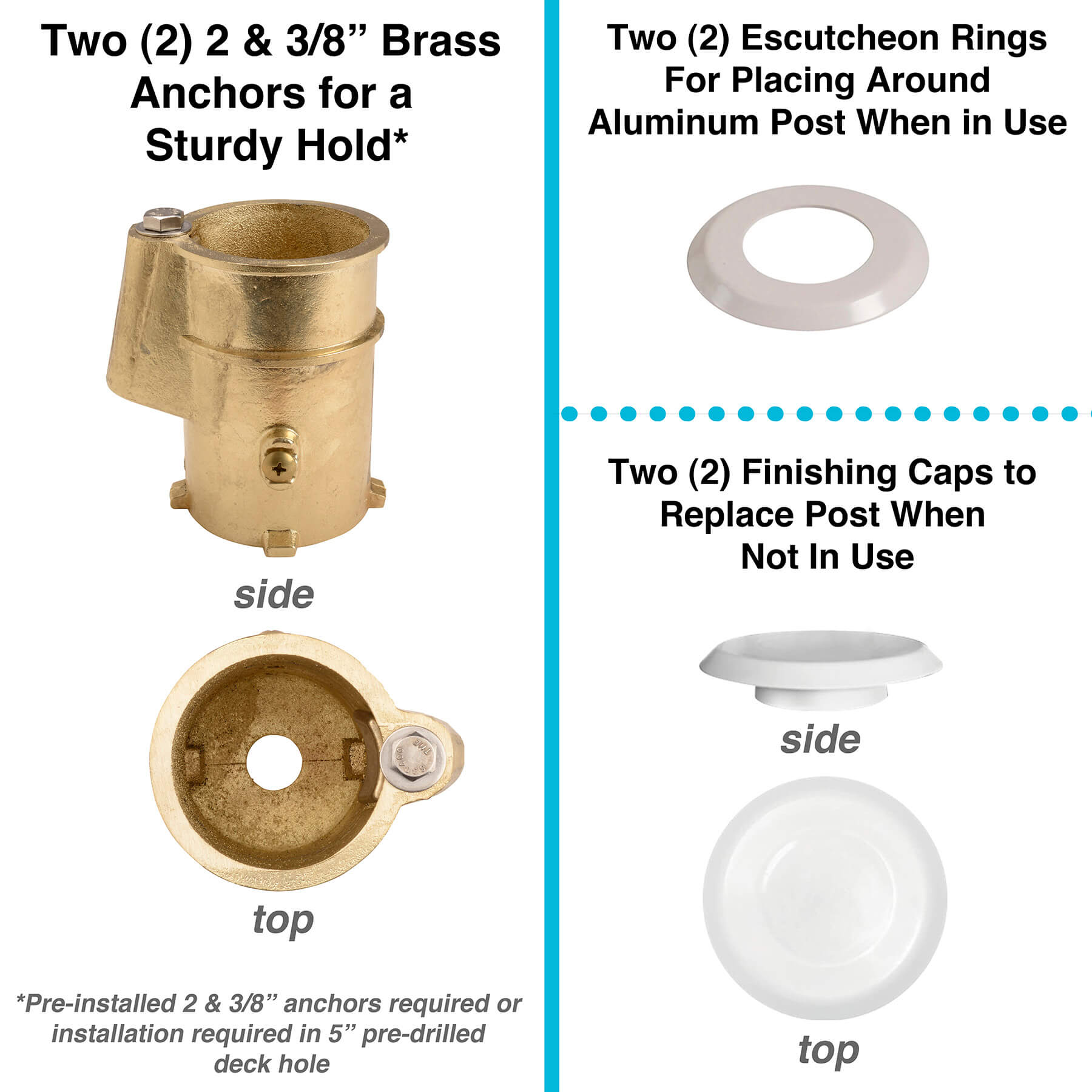 DeckVolly anchor components including brass anchors, rings, and finishing caps