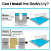 Visual guide showing how to install DeckVolly pool volleyball net system using pre-existing or new in-ground brass anchors