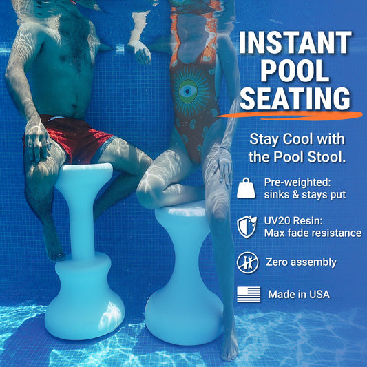 Couple using submersible pool stools for instant underwater seating along pool wall