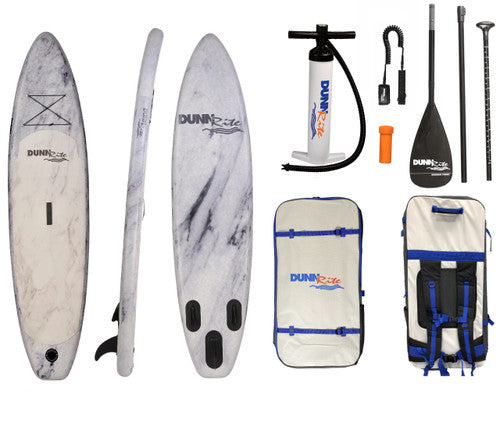 Dunn Rite inflatable SUP bundle with paddle, pump, fins, repair kit, and travel backpack