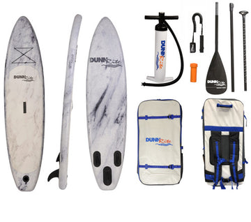 Dunn Rite inflatable SUP bundle with paddle, pump, fins, repair kit, and travel backpack