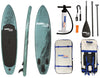 Complete inflatable SUP kit with board, pump, paddle, fin, repair kit, and travel backpack