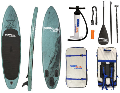 Complete inflatable SUP kit with board, pump, paddle, fin, repair kit, and travel backpack