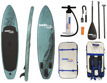 Complete inflatable SUP kit with board, pump, paddle, fin, repair kit, and travel backpack