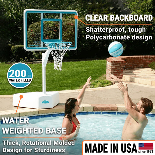 Couple playing with poolside basketball hoop featuring shatterproof clear backboard and 200 lb water-filled base