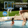 Poolside basketball hoop with clear backboard and water-weighted base, people playing in pool.