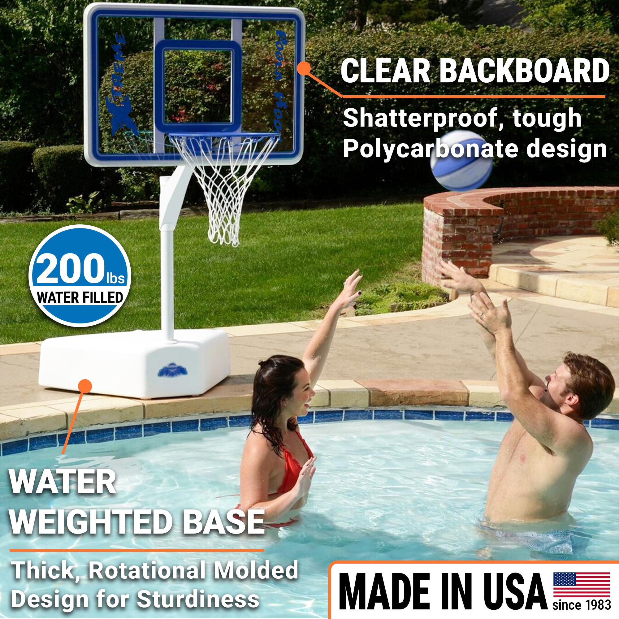 Poolside basketball hoop with clear backboard and water-weighted base, people playing in pool.
