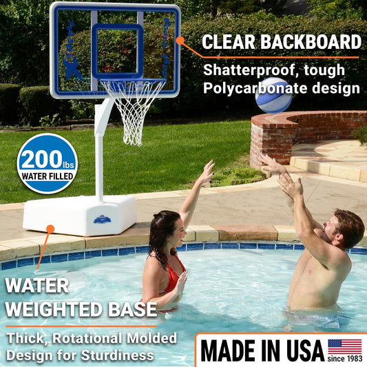 Poolside basketball hoop with clear backboard and water-weighted base, people playing in pool.
