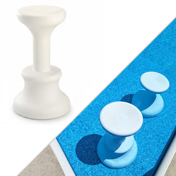 Submersible bar stools in white and blue resting on vinyl liner pool floor, safe for all surfaces