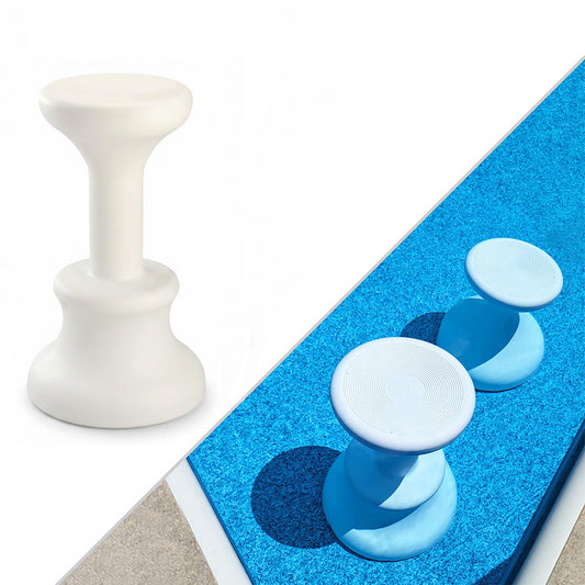 Submersible bar stools in white and blue resting on vinyl liner pool floor, safe for all surfaces