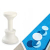 Submersible swimming pool bar stools in white and blue resting on vinyl liner pool floor, safe for all surfaces