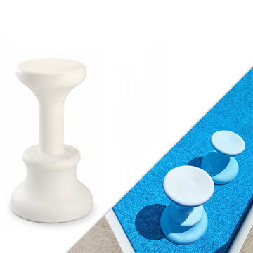 Submersible swimming pool bar stools in white and blue resting on vinyl liner pool floor, safe for all surfaces