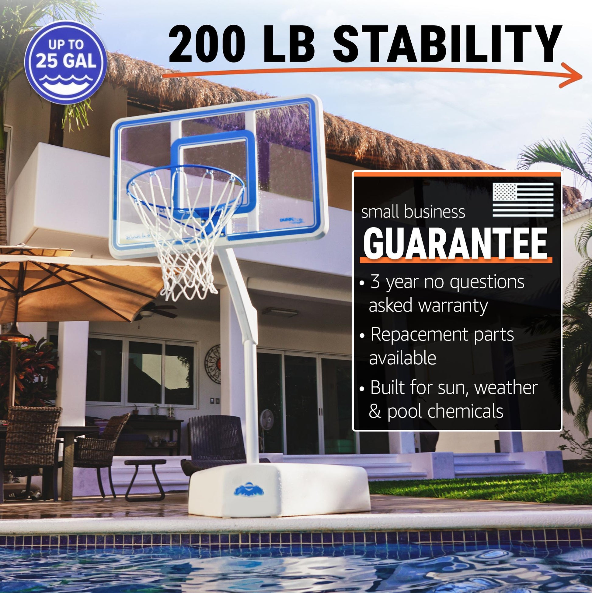 200 pound pool hoop comes with small business guarantee and 3 year warranty