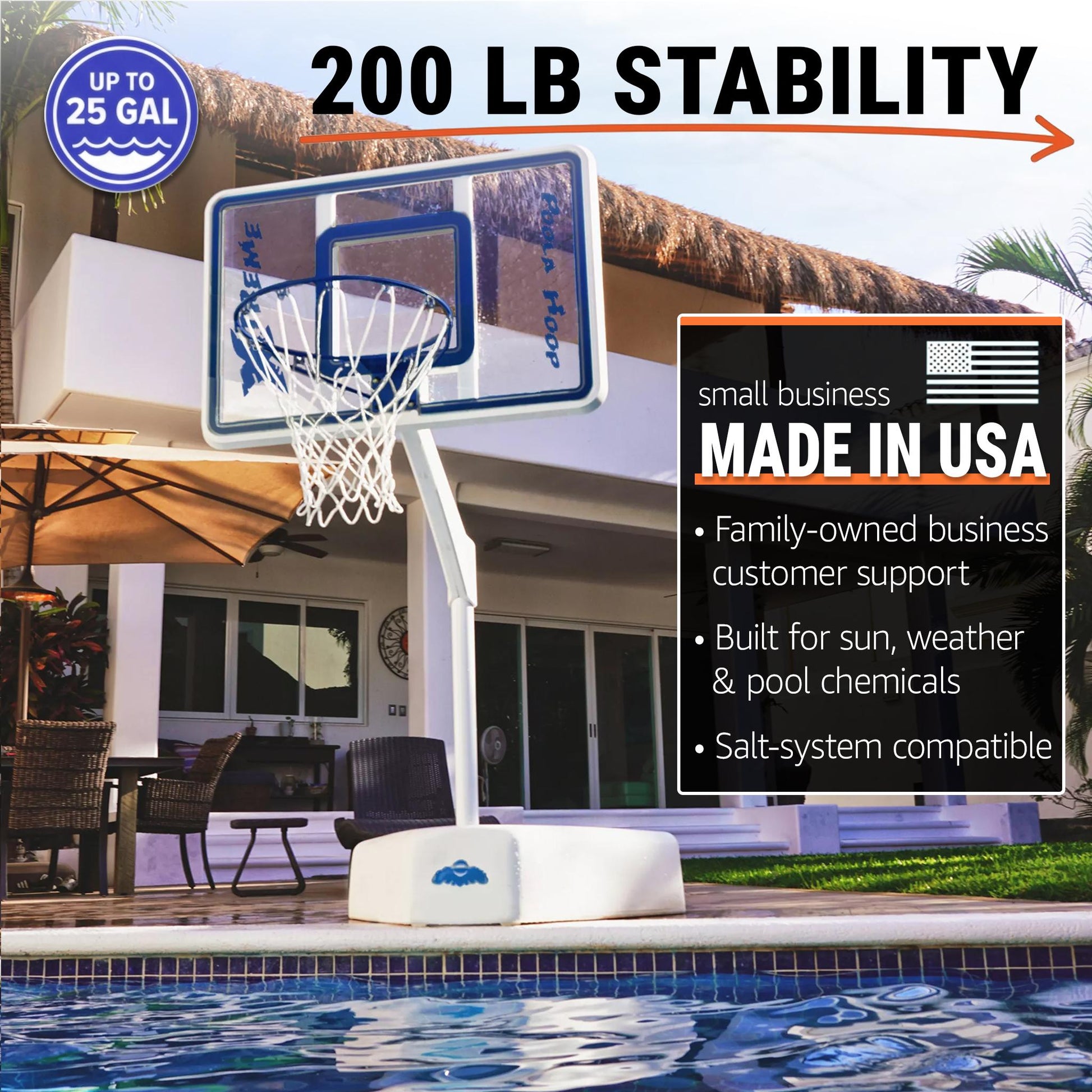 200lb pool basketball hoop has a small business customer service guarantee