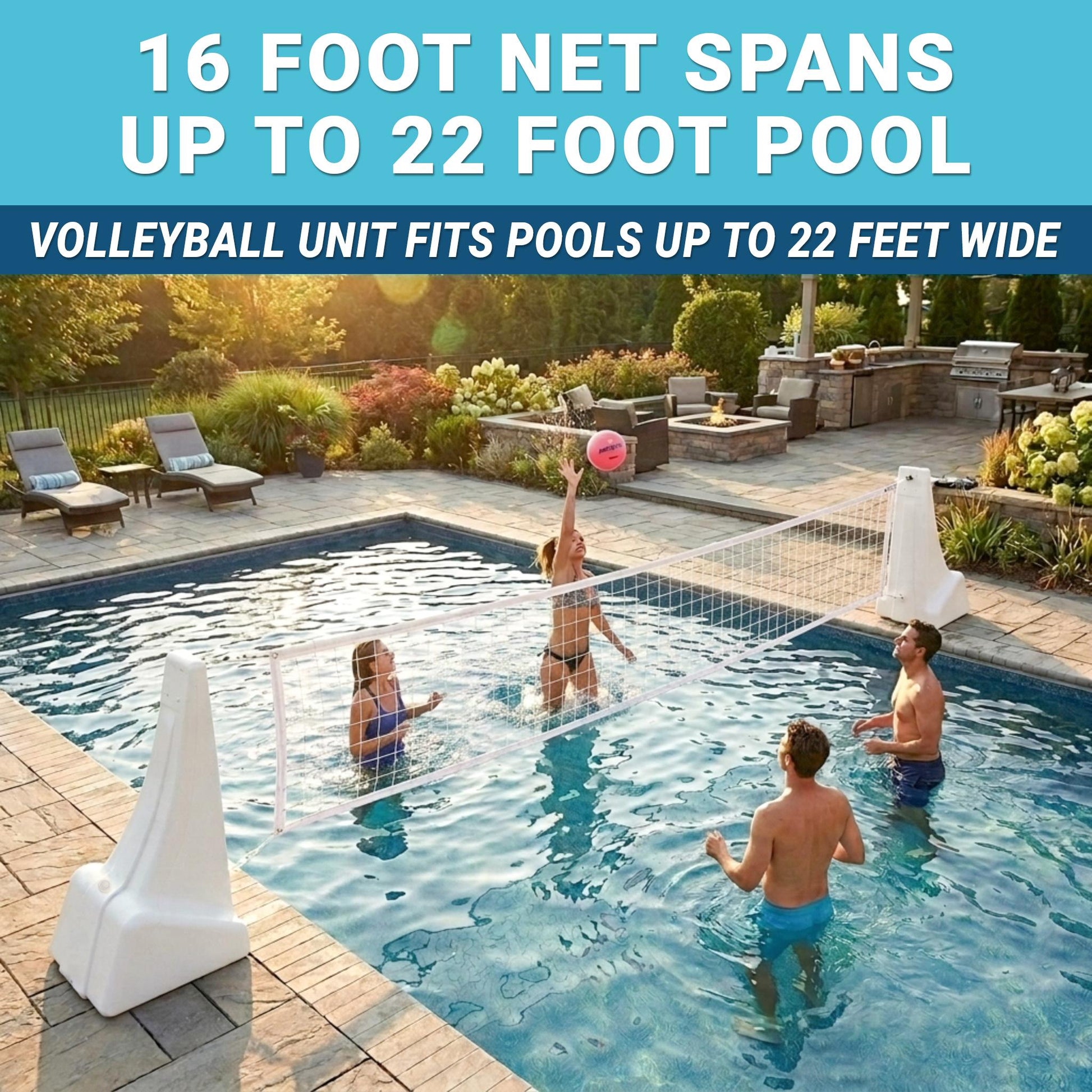People playing volleyball in a pool with a volleyball net system showing it fits pools up to 22 feet wide.