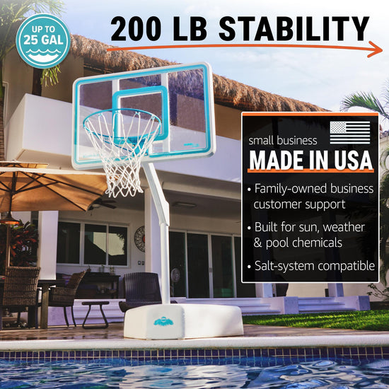Adjustable poolside basketball hoop with clear backboard and 23–53 inch rim height range next to tiled inground pool