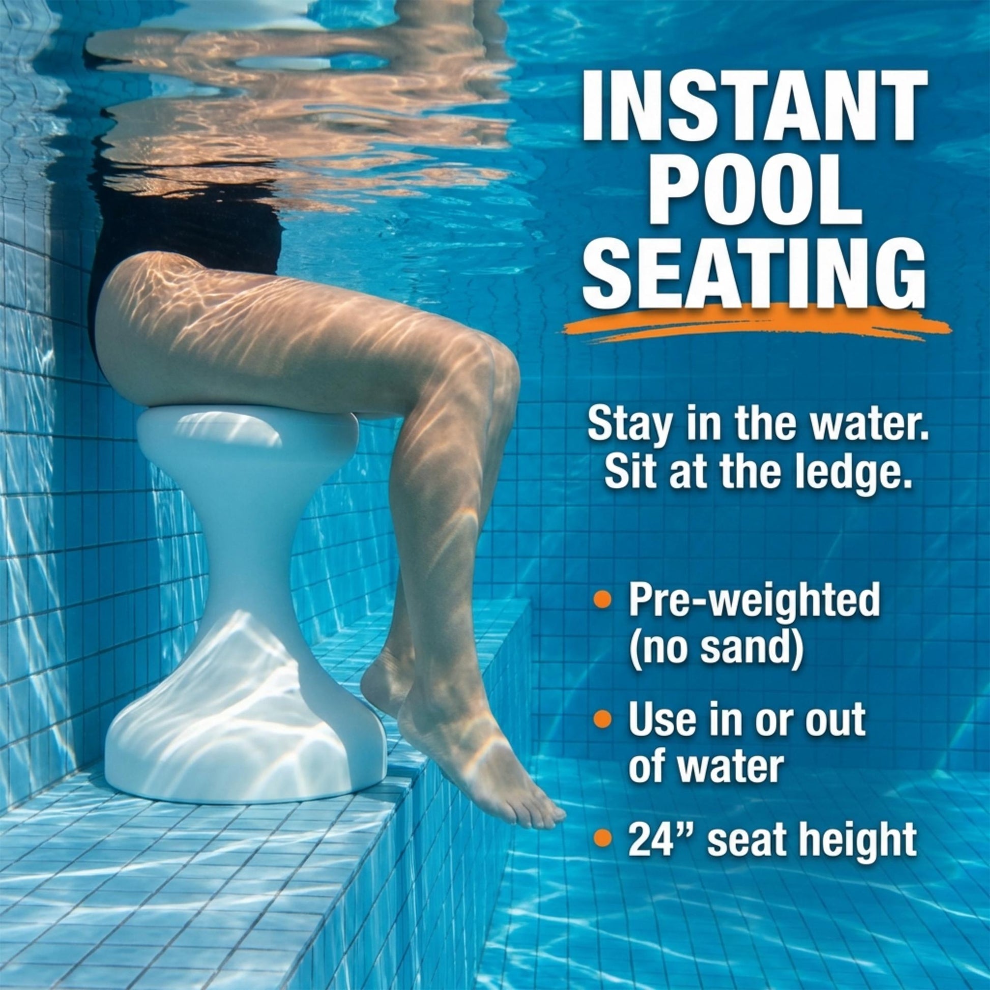Woman using submersible pool stools for instant underwater seating along pool wall