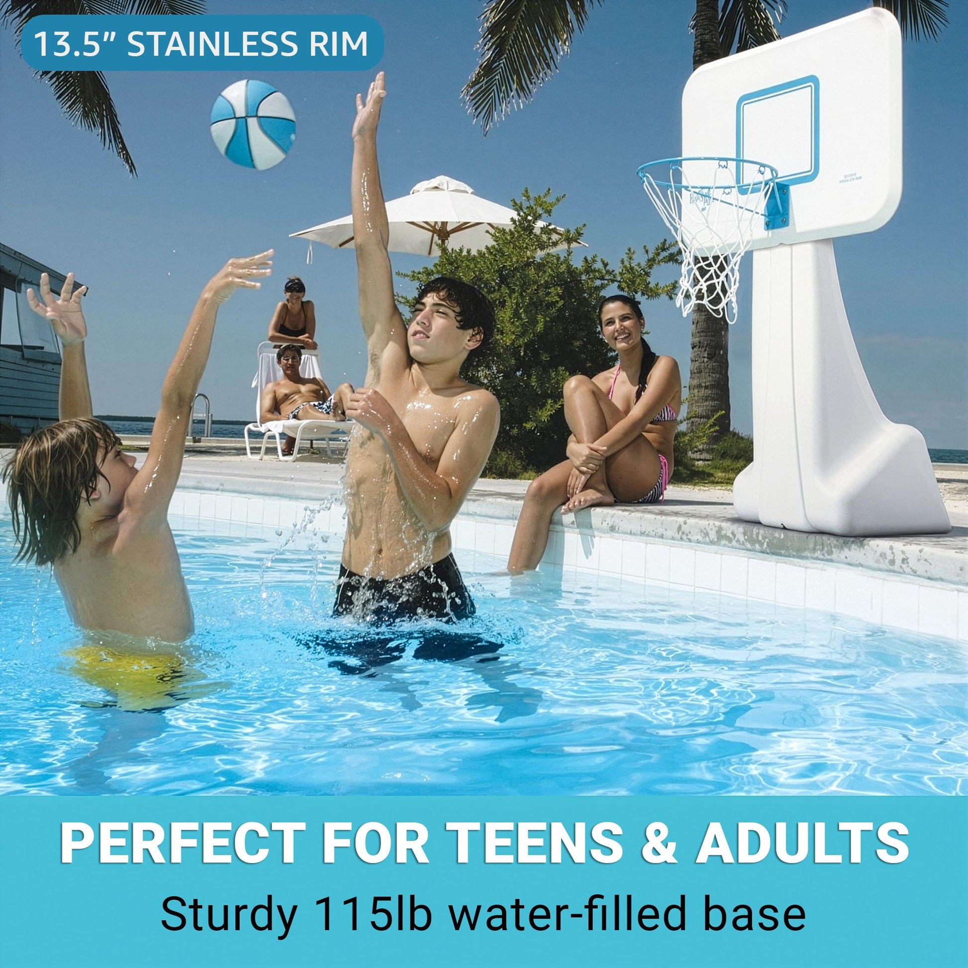 Children playing basketball in a pool with a basketball hoop, surrounded by palm trees and a clear blue sky.