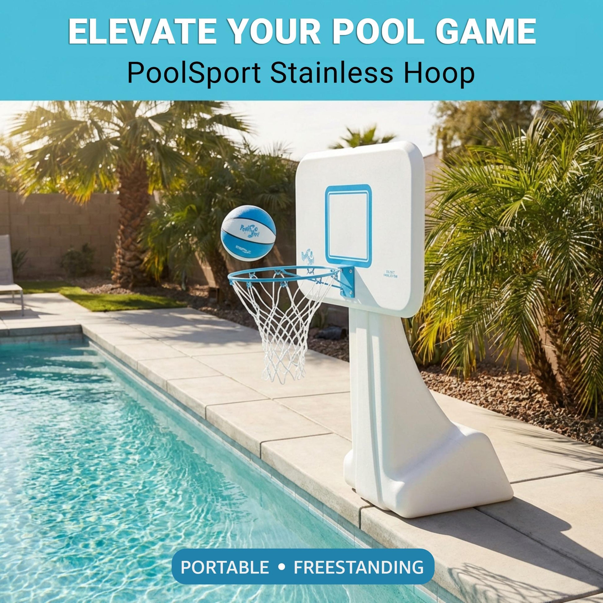 Poolside basketball hoop set against a poolside background.