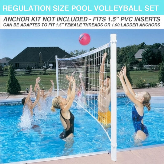 ProVolly pool volleyball game set in action with players jumping at net, regulation size with 1.5 inch posts