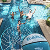 Overhead view of pool basketball with Splash-It ball mid-air and players celebrating below