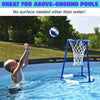 Child playing with AquaHoop floating basketball hoop in above-ground pool