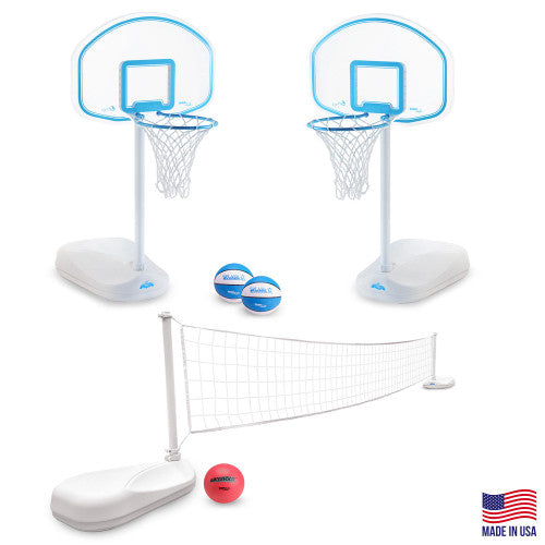 ClearShot Combo 2-in-1 pool game set with dual basketball hoops, volleyball net, and USA-made components