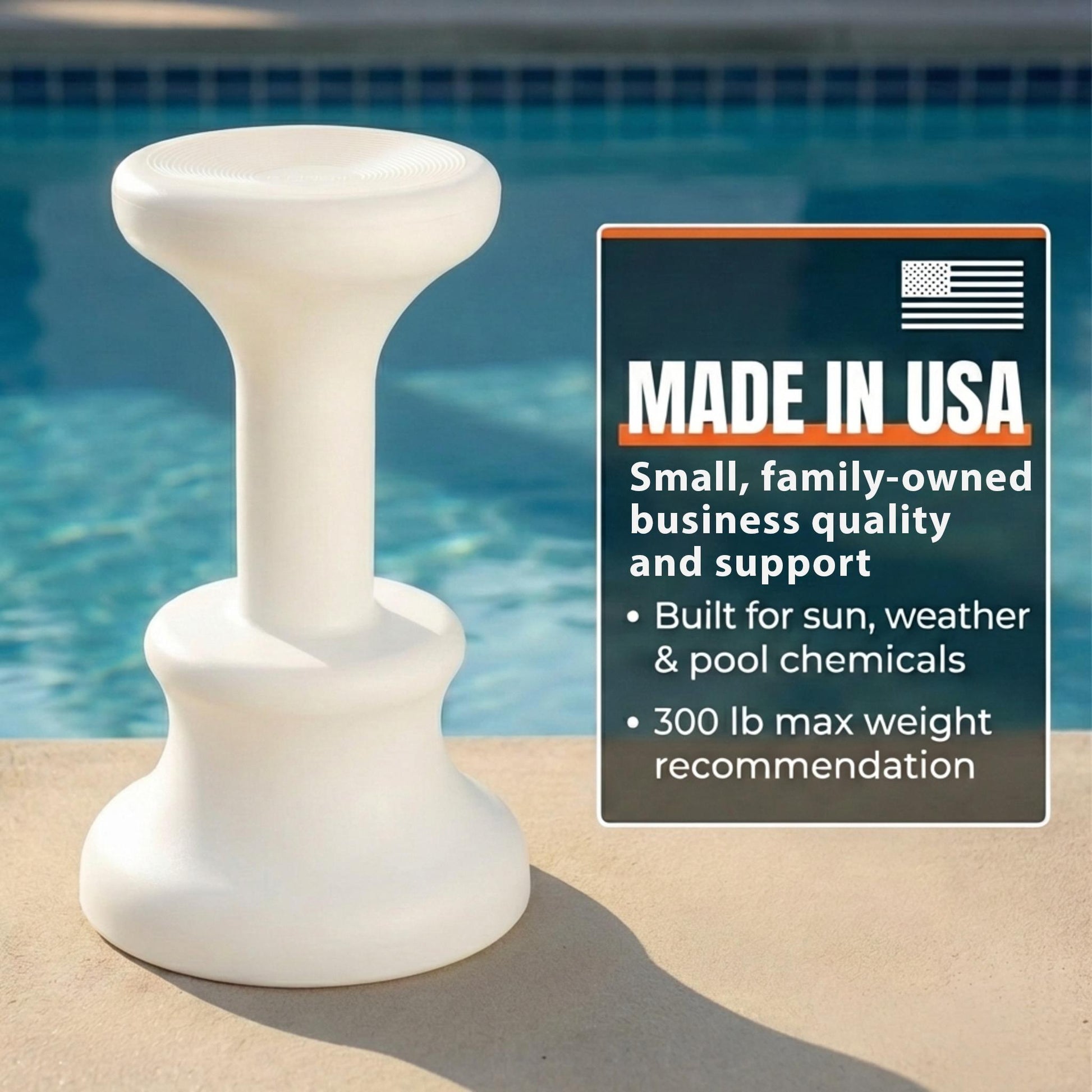 White outdoor stool by a pool with 'Made in USA' label