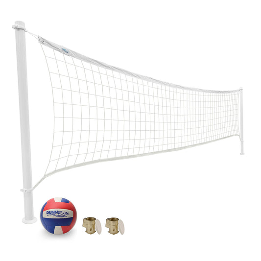DeckVolly pool volleyball set with 2 3/8 inch white posts and net
