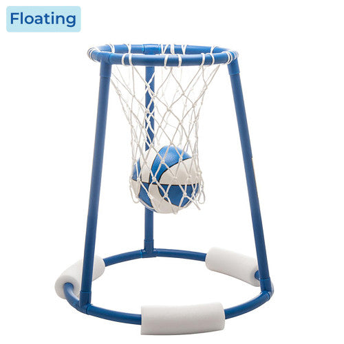 Floating basketball hoop for pools with foam base and blue and white basketball