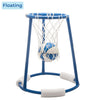 Floating basketball hoop for pools with foam base and blue and white basketball