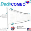 Diagram of Deck Combo pool volleyball system with red, white, and blue waterproof ball and adjustable-width net