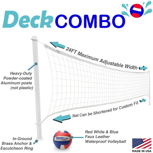 Diagram of Deck Combo pool volleyball system with red, white, and blue waterproof ball and adjustable-width net