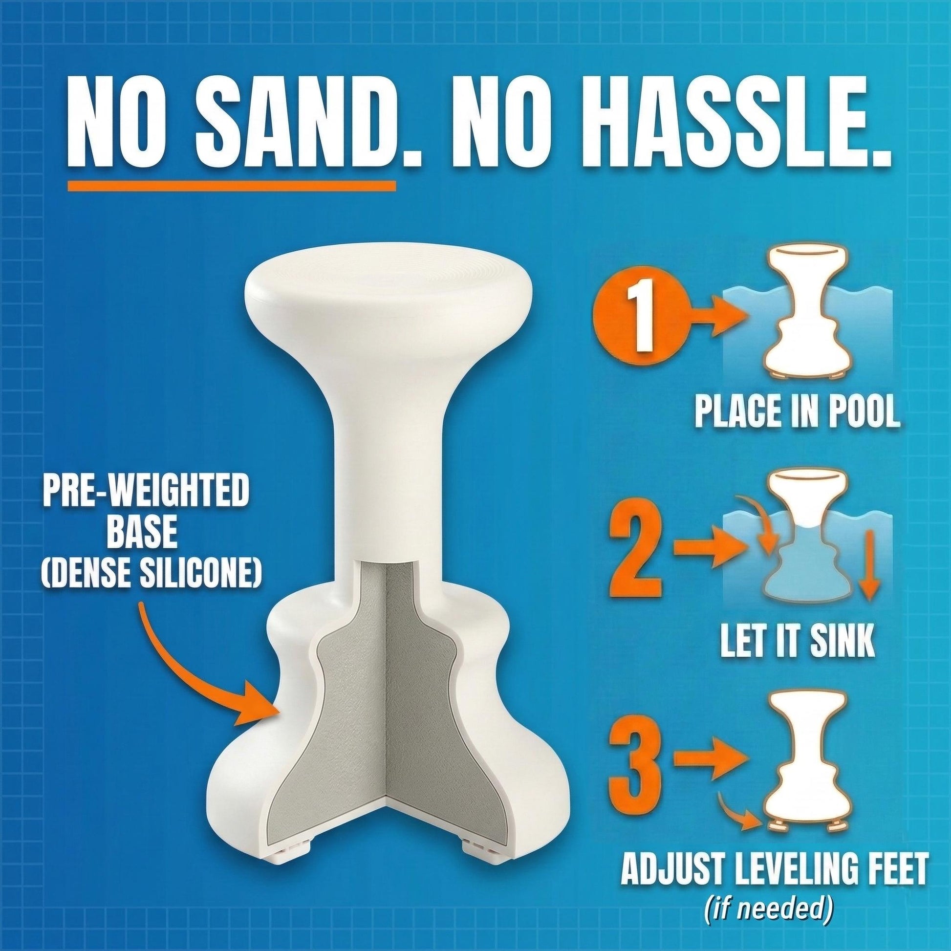 Pool barstool with instructions on a blue background, featuring text 'No Sand. No Hassle.'