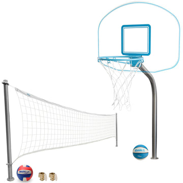 Poolside basketball and volleyball combo set with clear backboard and adjustable volleyball net