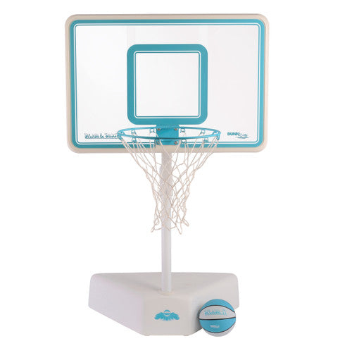 Full Splash & Shoot poolside basketball set with clear backboard, vinyl-coated rim, and color-matched waterproof bal
