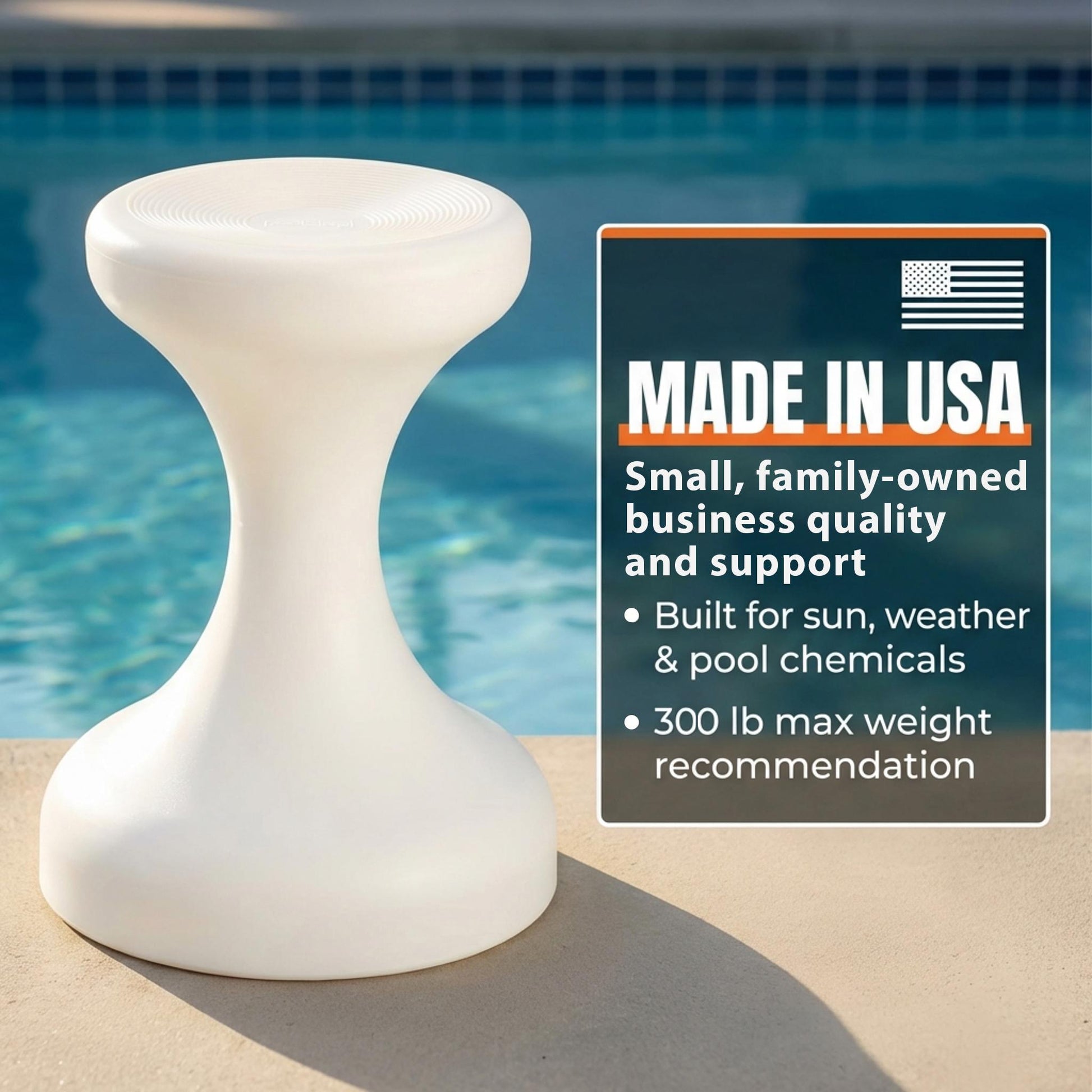 White outdoor stool by a pool with 'Made in USA' label