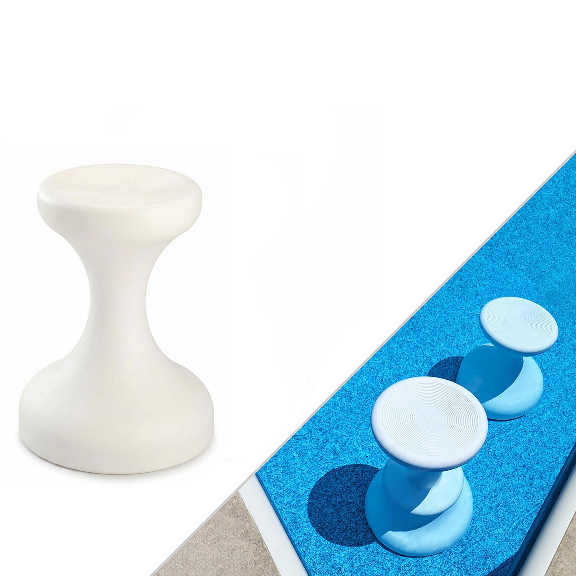 Submersible swimming pool bar stools in white and blue resting on vinyl liner pool floor, safe for all surfaces