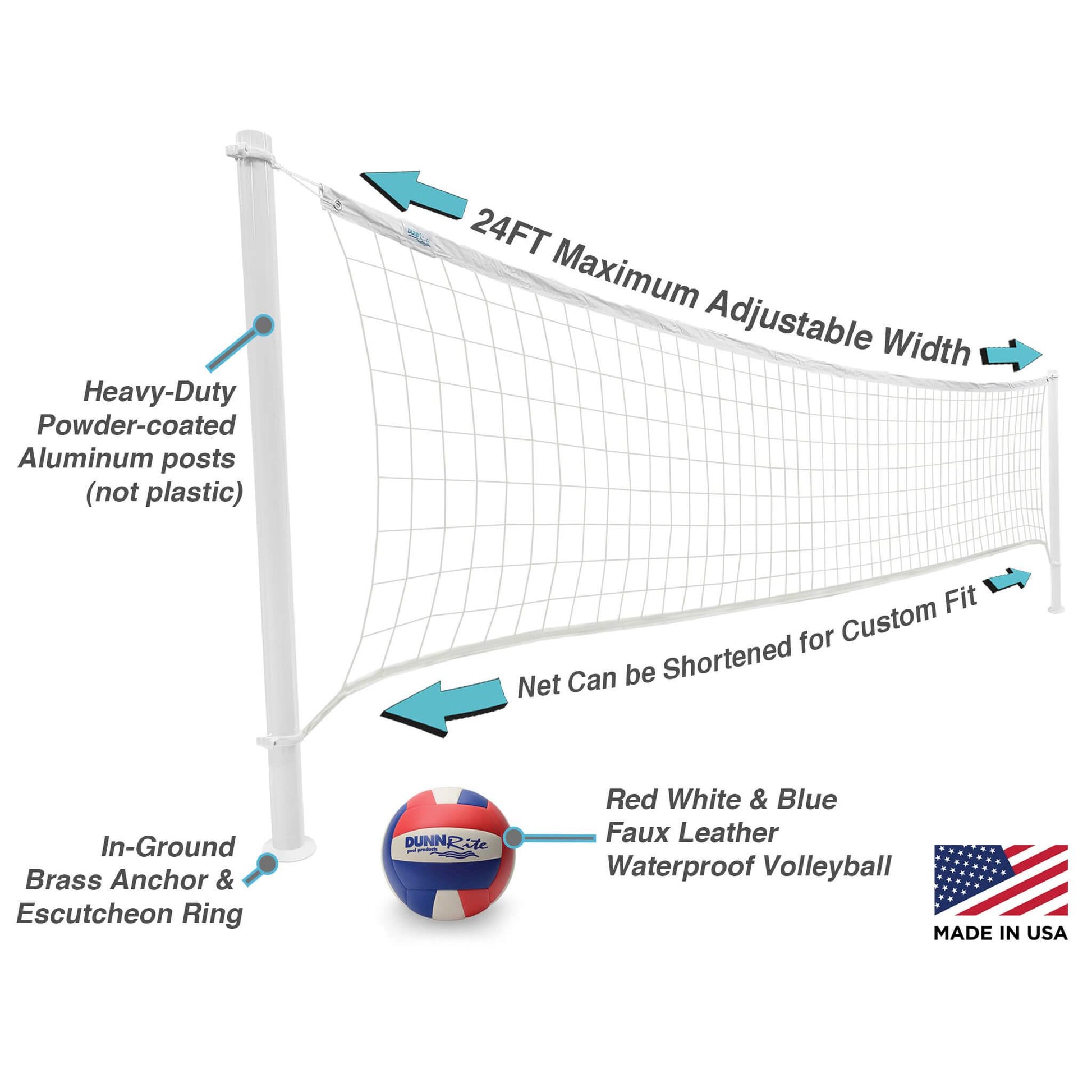 Diagram of DeckVolly pool volleyball set features and adjustable net