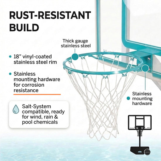 This pool basketball hoop is rust-resistant, using stainless steel components. 