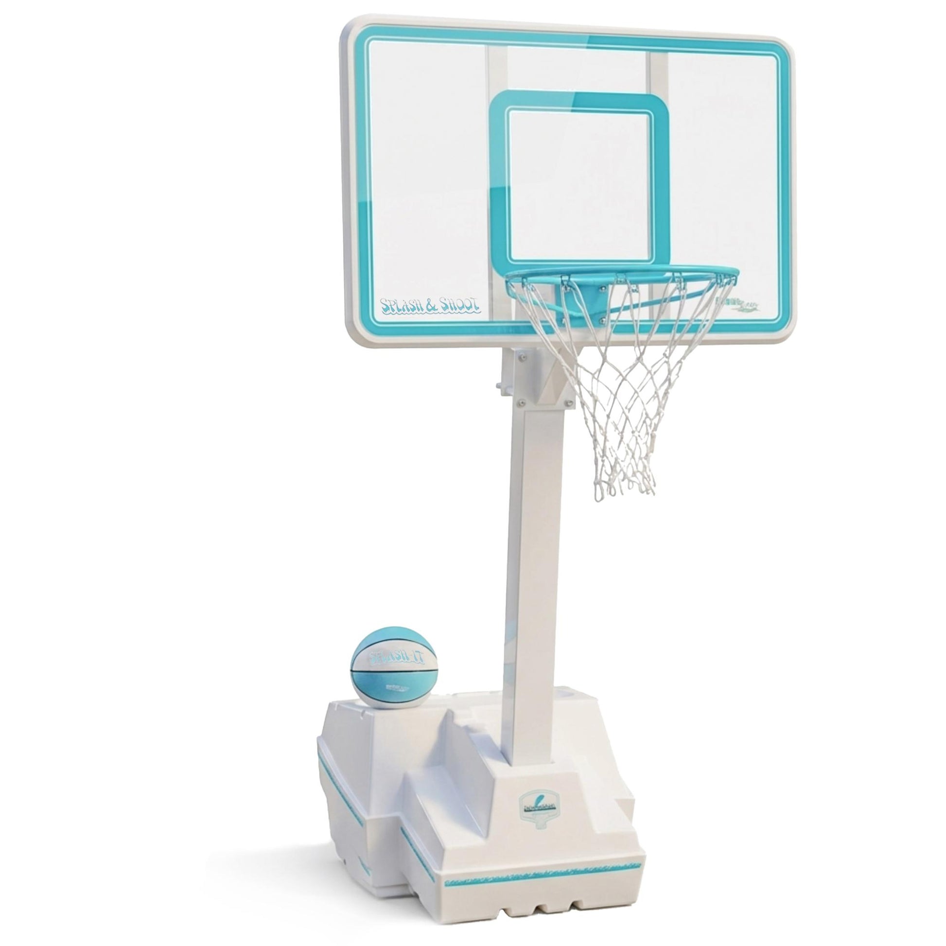 White pool basketball hoop with aqua accents, large water-filled base and basketball