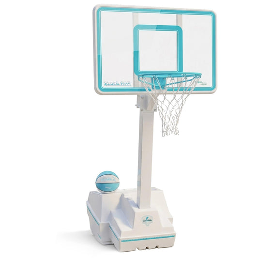 White pool basketball hoop with aqua accents, large water-filled base and basketball