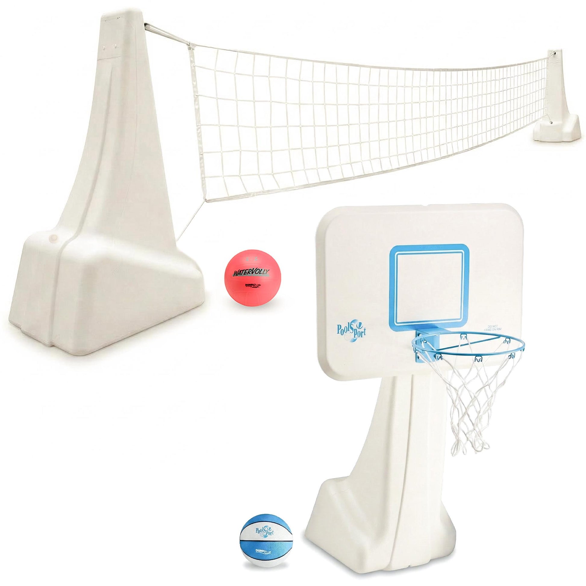 Pool volleyball net, basketball hoop, and two balls on a white background