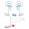 Two pool basketball hoops and a pool volleyball net set, including two pool basketballs and one pink pool volleyball