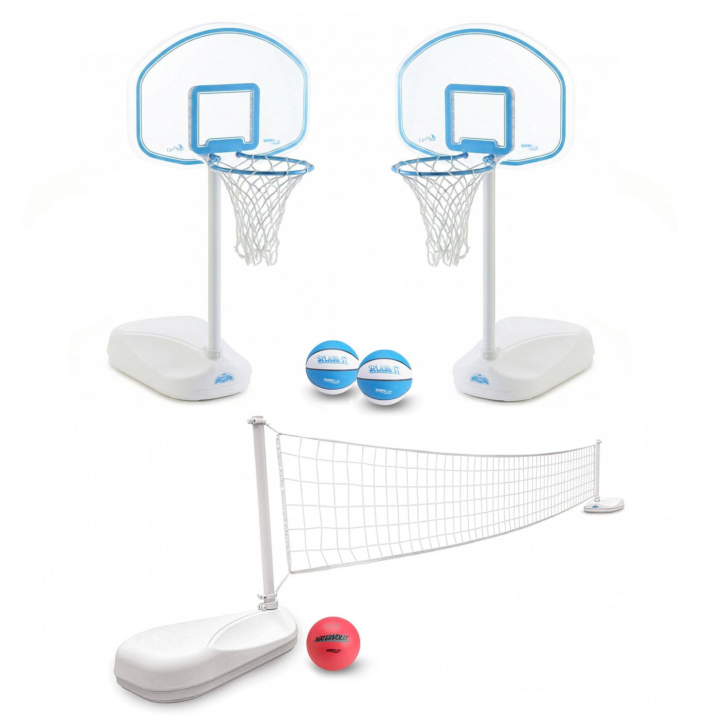 Two pool basketball hoops and a pool volleyball net set, including two pool basketballs and one pink pool volleyball