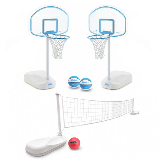 Two pool basketball hoops and a pool volleyball net set, including two pool basketballs and one pink pool volleyball
