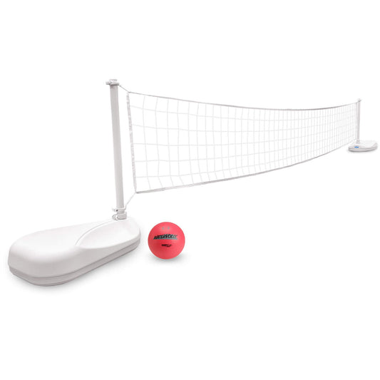 Portable volleyball net system with a red ball on a white background